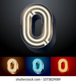 Vector neon glowing Alphabet set. Different colors Font. Number 0