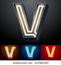 Vektorneon leuchtend Alphabet Set. Verschiedene Farben Schriftart. Buchstabe V