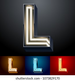 Juego de alfabetos con neón vectorial. Diferentes colores Tipo de letra. Letra L