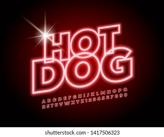 Vector neon glowing banner Hot Dog. Red illuminated Font. Electric lighting Alphabet Letters, Numbers and Symbols