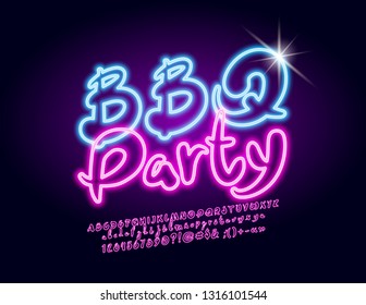 Vector Neon GIGHT flyer BBQ Party con fuente rosa. Iluminación manuscrita Letras, números y símbolos alfabéticos