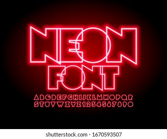 Vector Neon glowing Font. Light Set of Bright Alphabet Letters and Numbers.