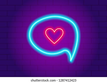 Vector neon glowing heart in a speech bubble. Lighted wires on brick background. Concept of valentines day and love