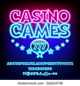 Vector neon glowing logo Casino games. Set of letters, numbers and symbols. Contains graphic style.