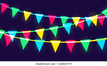 Vector neon glowing pary flags of different vivid colors. Red, blue, green and yellow triangular papers hanging on a colored ropes. Trendy overlay style.