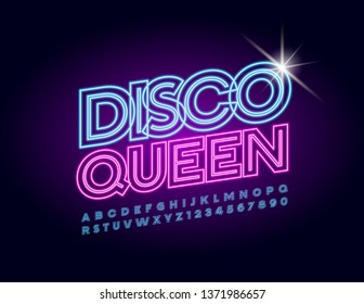 Cartel de neón vectorial brillando, Disco Queen. Fuente eléctrica en mayúsculas. Letras y números alfabetos iluminados