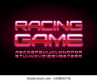 Vector neon glowing poster Racing Game with Uppercase Font. Shiny bright Letters and Numbers. Techno style Alphabet