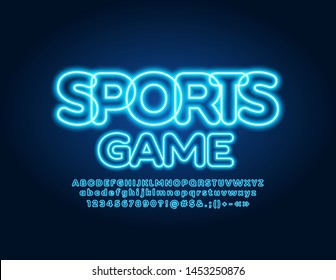 Vector neon glowing poster Sports Game with illuminated Font. Electric Alphabet Letters, Numbers and Symbols