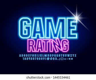 Vector neon glowing sign Game Rating with Uppercase Blue illuminated Font. Glowing Alphabet Letters, Numbers and Symbols