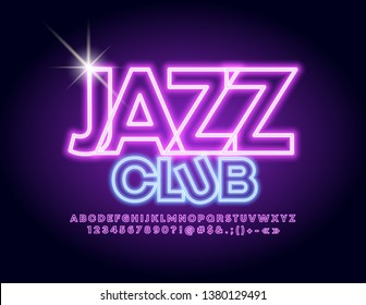 Vector Neon Glowing Sign Jazz Club With Uppercase Font. Colorful Lighting Alphabet Letters And Numbers.