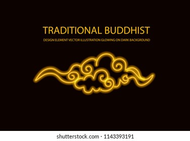 Vector Neon Golden Oriental Cloud, Abstract Light on Dark Background, Glowing Line, Traditional Design Element.