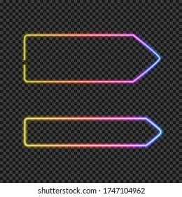 Vector neon gradient arrows, direction signs isolated on dark transparent background, bright colors, blank frame templates, pointer, luminiescent icons.