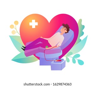 Vector neon gradient illustration of blood donation concept with man lying in the chair and giving blood isolated on white used for donor day poster, hospital website, magazine