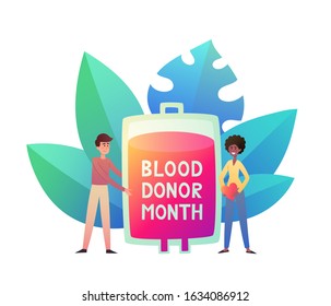 Vector neon gradient illustration of blood donation with people. Standing african woman with heart and man holding blood bag isolated on white used for donor day poster, hospital website, magazine