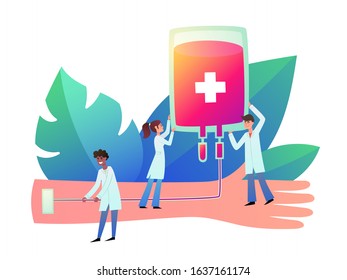 Vector neon gradient illustration of blood donation concept with people. Standing woman and men holding blood bag and big arm isolated on white used for donor day poster, hospital website, magazine