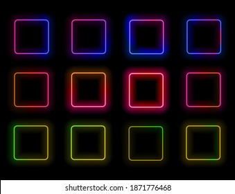 Vector Neon Gradient Ultra Violet Color Square Frames Set Isolated on Black Background, Glowing in the Dark, Signs Collection