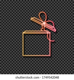 Vector neon gradient yellow and red gift box icon isolated on dark transparent background. Luminous sign template. Square box.