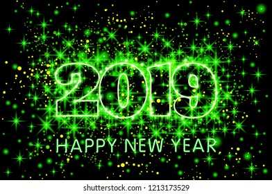 vector neon green typography Happy New Year 2019 in starry sky background illustration art
