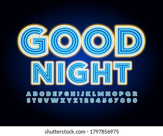 Vector Neon greeting card Good Night. Glowing modern Font. Electric creative Alphabet Letters and Numbers