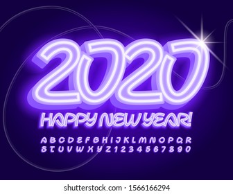 Vector neon Greeting Card Happy New Year 2020! Glowing electric Alphabet Letters and Numbers. Bright Violet Font. 