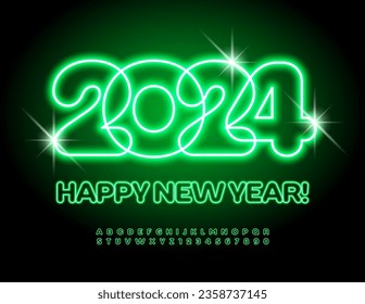 Vector Neon Greeting card Happy New Year 2024! Green electric Font. Glowing Alphabet Letters and Numbers