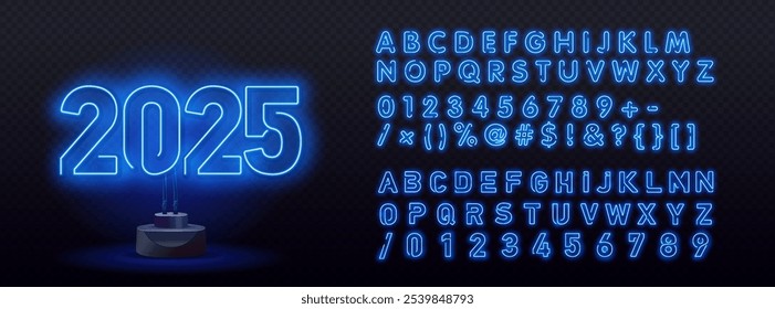 Vector neon Greeting Card Happy New Year 2025 Blue Glowing Font. Bright Electric Artistic Alphabet Letters and Numbers set.