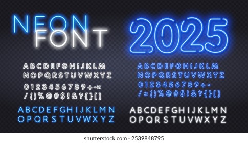 Tarjeta de felicitación de neón de Vector Feliz año Nuevo 2025 Blue Glowing Font. Conjunto de letras y números de alfabeto artístico eléctrico brillante.