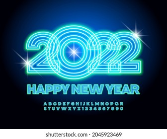 Tarjeta de saludo de neón vector Feliz Navidad 2022! Fuente eléctrica original. Letras y números de alfabeto azul brillante