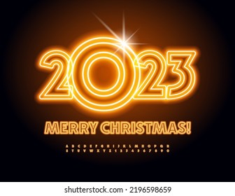Vector neon Greeting card Merry Christmas 2023! Yellow Glowing Font. Creative Alphabet Letters and Numbers set