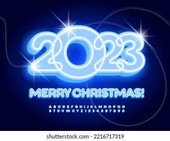 Vector neon Greeting Card Merry Christmas 2023! Blue glowing Font. Artistic Alphabet Letters and Numbers set