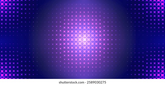 Vector neon halftone seamless pattern. Grainy technology wallpaper with pixelated on violet background. Modern textile with dotted