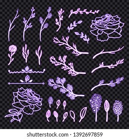 Vector Neon Hand Drawn Design Elements, Vintage Wedding Symbols Isolated on Dark Transparent Background, Shining Icons.