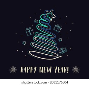 Ilustración de árbol de Navidad con estilo de neón vector y caja de regalo. Día de boxeo, tarjeta de felicitación Feliz Navidad y Año Nuevo