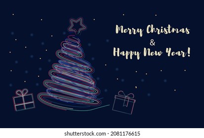 Vector neon hand drawn style Christmas tree and gift boxes illustration. Boxing day, Merry Christmas and New Year greeting card