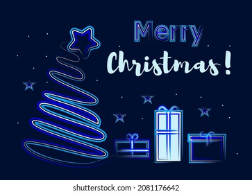 Vector neon hand drawn style Christmas tree and gift boxes illustration. Boxing day, Merry Christmas and New Year greeting card