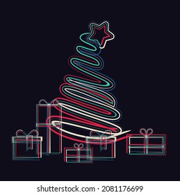 Vector neon hand drawn style Christmas tree and gift boxes illustration. Boxing day, Merry Christmas and New Year greeting card