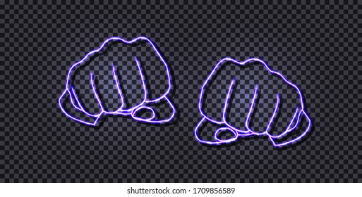 Manos de neón vectorial, puños brillantes, ilustración de color brillante aislada en fondo transparente oscuro, luz abstracta.