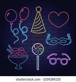 Vector neon Happy birthday sweets, party hats, blowouts, cake, balloons and fireworks set