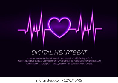 Vector Neon Heart Beat Line, Glowing Illustration, Shining Lights on Dark Background, Ultraviolet Color.