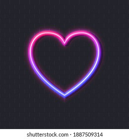 Ilustración del corazón de la neón vectorial, luz brillante, fondo abstracto de pared de ladrillo, color gradiente.