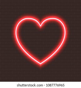 Vector Neon Heart on Brick Wall Background, Red Shining Heart Frame Template.