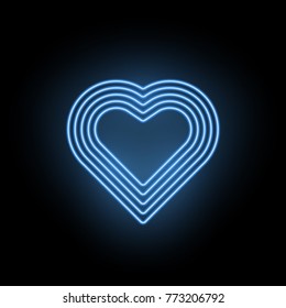 Vector Neon Heart. Neon Silhouette of Blue Heart formed by Five Contour of Lines, Isolated on the Black Background with Backlight