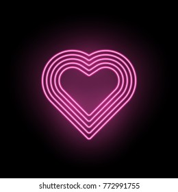 Vector Neon Heart. Neon Silhouette of Pink Heart formed by Five Contour of Lines, Isolated on the Black Background with Backlight