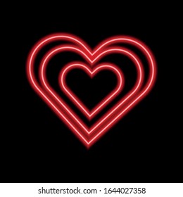 Vector Neon Heart. Neon Silhouette de corazón rojo formado por tres contornos de líneas, aislado en el fondo negro .