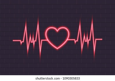 Vector Neon Heartbeat Illustration, Glowing Lines, Brick Wall Background.