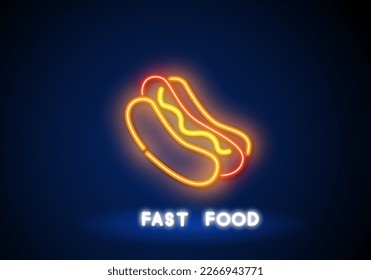 Vector neon hot dog logo. Line street fast food sign illustration.