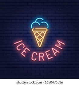 Vector neon ice cream logo. Sweet dessert in waffle cone logotype background.  Candy concept for cafe, cafeteria, restaurant, stall. Glowing street food sign illustration