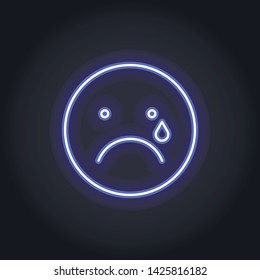 Vector neon icon for mood feedback. Violet crying with tear glowing light emotion smile isolated on black. Emoticon element of UI design for client rating, feedback, survey, social media