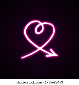 Icono de neón vector flecha rosa en forma de corazón. Ilustración vectorial dibujada a mano de un puntero sobre fondo negro