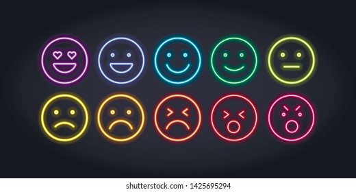 Vector neon icon set for mood tracker. Ten scale of color lamp glowing emotion smiles from dissappoited to happy isolated on black. Emoticon element of UI design for client rating, feedback, survey